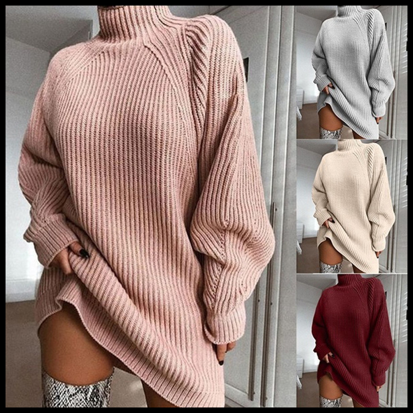 

Women Designer Sweater Dress Mid-length Raglan Sleeve Half Turtleneck Sweater Dress Female Spring Fashion Casual Dress Top Casual Dresses, Pink
