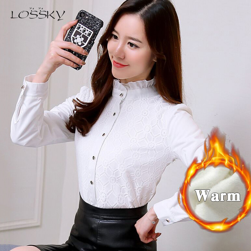 

Lossky Women Blouse Tops Autumn Winter Plus Size Elegant White Lace Long Sleeve Plus Velvet Warm Office Clothes Shirt Mujer 2019, Black