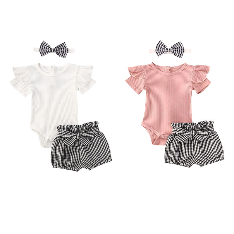 

Toddler Baby Girls Summer Clothes Newborn Baby Kids Ruffles Ribbed Knitted Bodysuits Tops+Plaid Shorts+Headband Casual Outfits