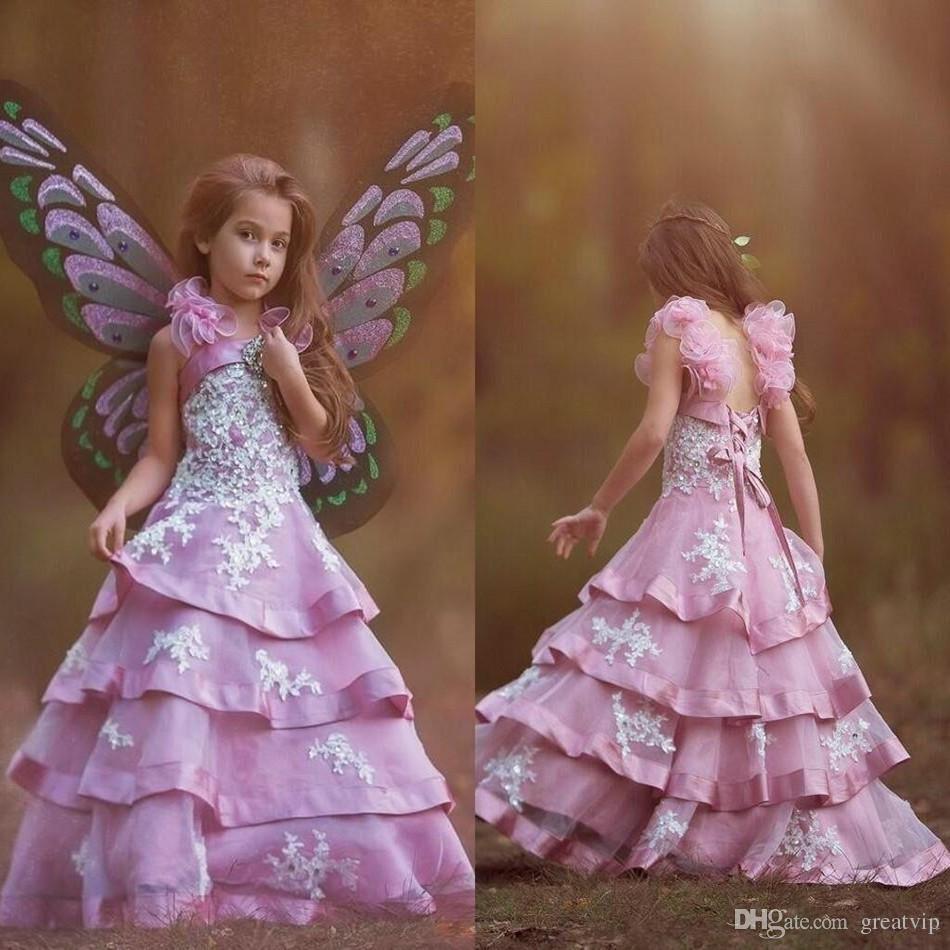 

Angel Purple Flowers Girls Dresses Spaghetti Lace Up Applique Beads Tiered Skirts Princess Birthday Party Gowns Prom Dress Pageant Gowns, Gold