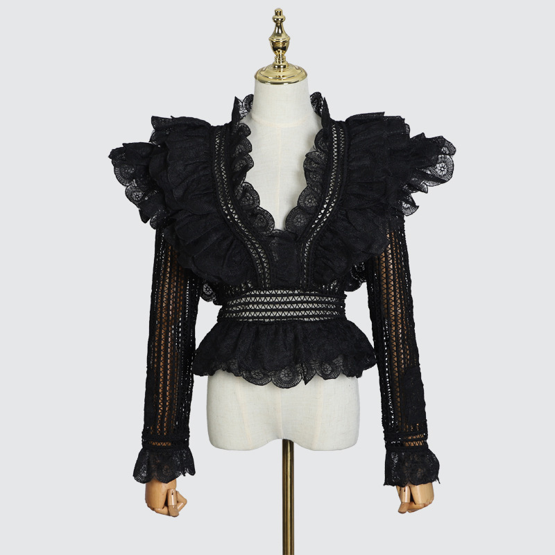 

Wholesale-[MENKAY] 2018 Autumn ZIM Hollow Out V Neck Ruffles Spliced Tops Women Shirt New, Apricot