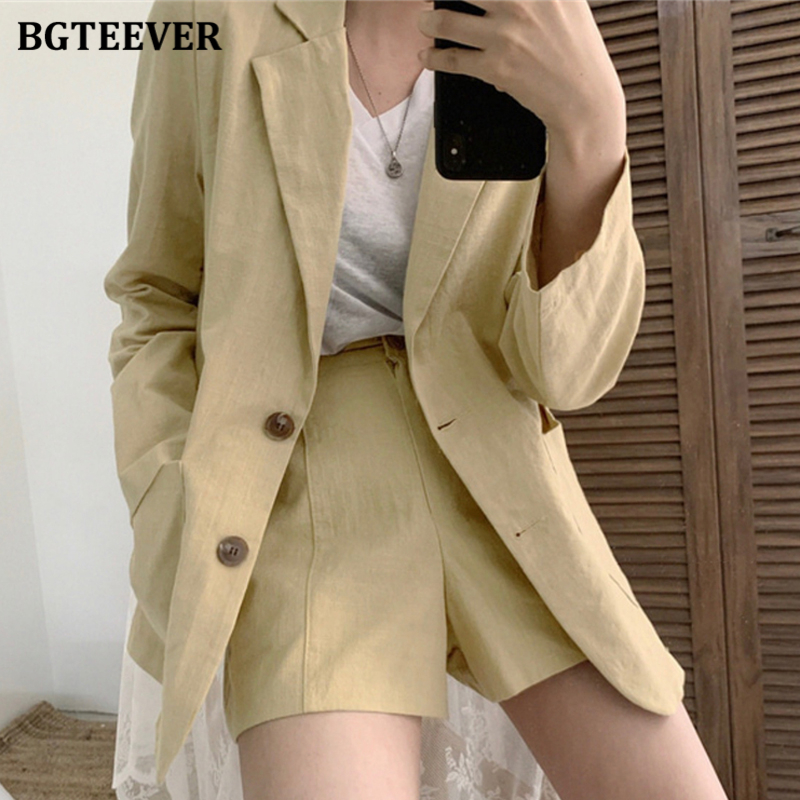 

Women's Suits & Blazers BGTEEVER Chic Women Pant Suit Single-breasted Blazer Elastic Waist Shorts 2021 Summer Cotton And Linen 2 Pieces Set, Khaki