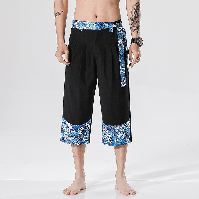 

Men Pants Japanese Style Samurai Kimono Cardigan Homme Chinese Clothing Print Wave Cotton Loose Plus Bottoms Adult Trousers, White a