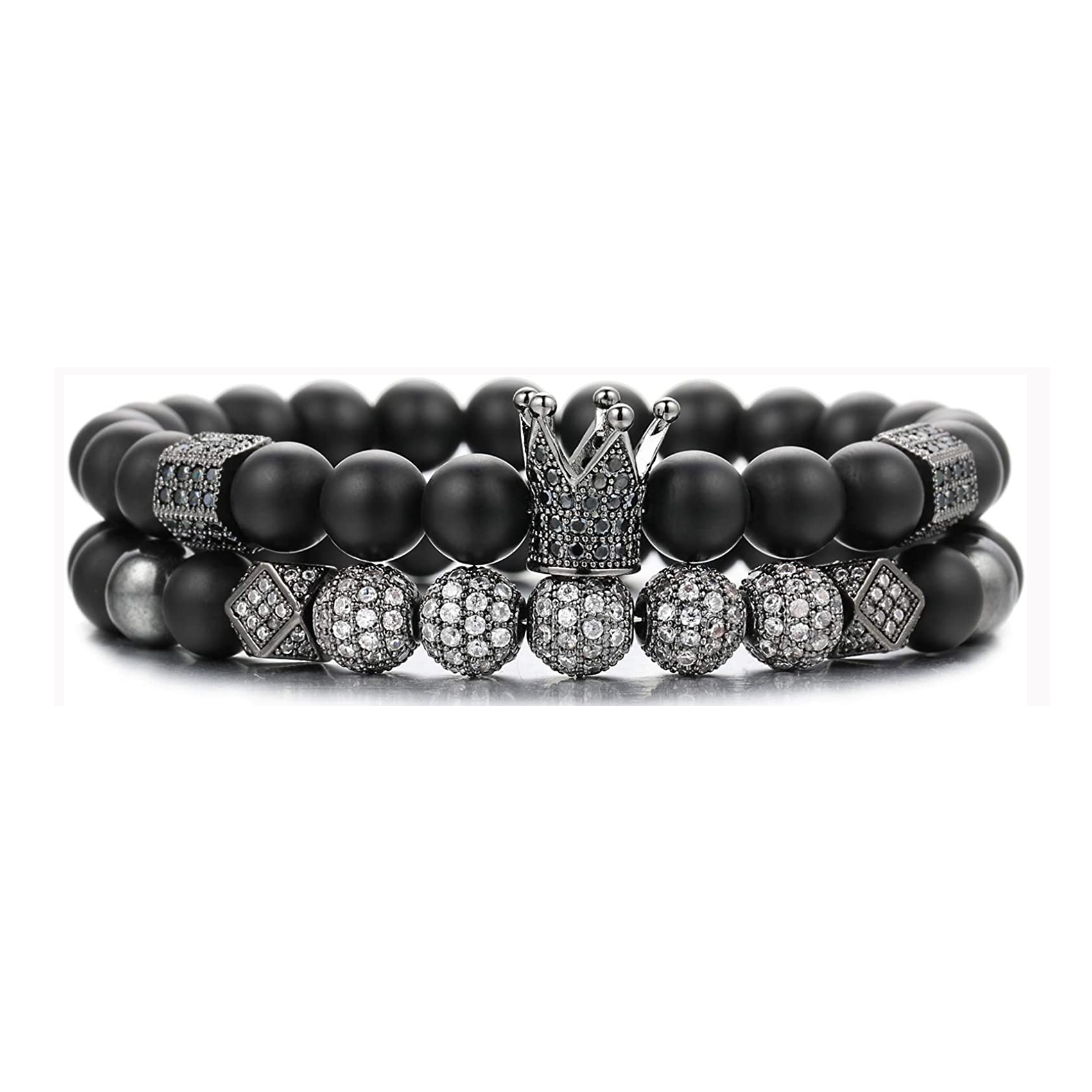 2 pièces Couple amitié noir mat perles Bracelets 8mm Onyx pierre Bracelets ensembles charme roi couronne pour femmes hommes bijoux