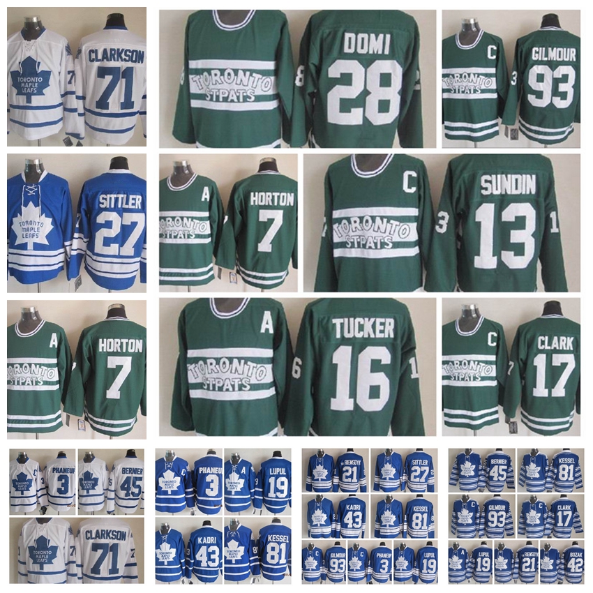 Fashion Retro Toronto Maple Leafs Jersey 3 Dion Phaneuf 45 Jonathan Bernier 71 David Clarkson 17 Wendel Clark Mens Stitched Hockey Jerseys
