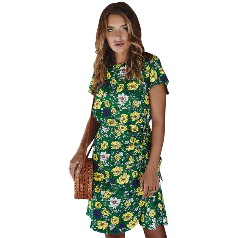 

2020 Women Summer Boho Print Mini Dresses Fashion Short Sleeve Sashes Beach Dresses O-Neck Tunic Sundress Casual Women Clothing, White