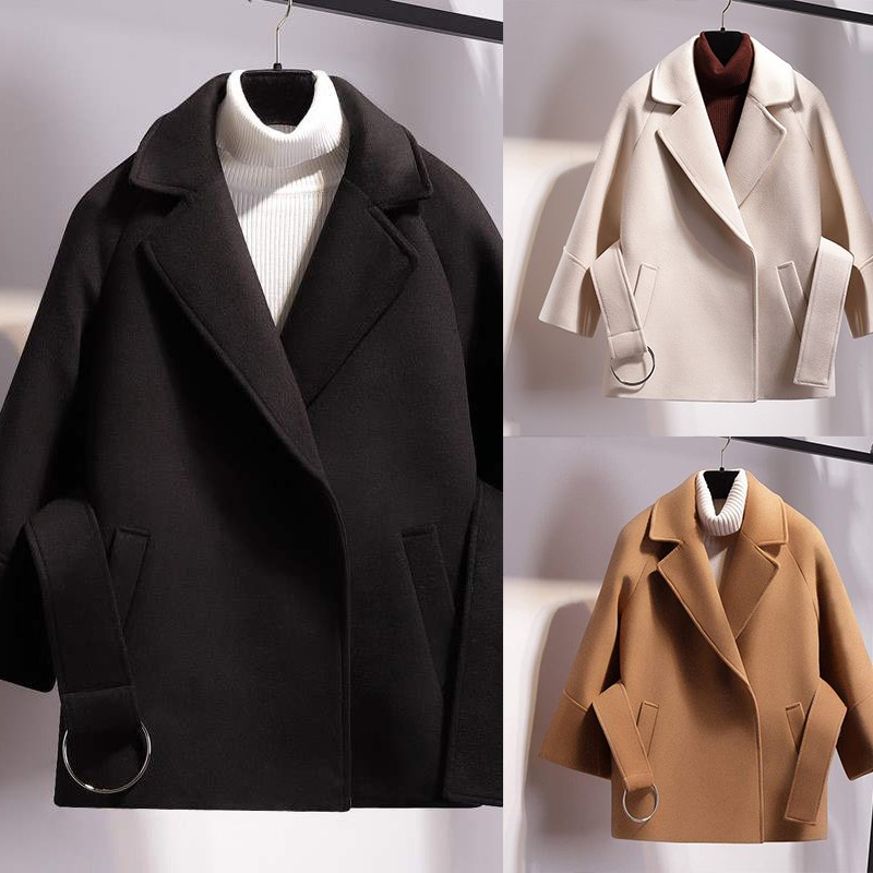 

2019 Women Short Woolen Coat Belt Jacket Autumn Winter Coats Women Woolen Blend Fashion Female Coat, Black