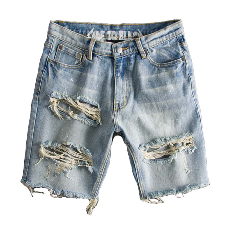 

KIOVNO Men Ripped Pleated Denim Shorts High Street Distressed Casual Jeans Shorts For Male Washed, Black