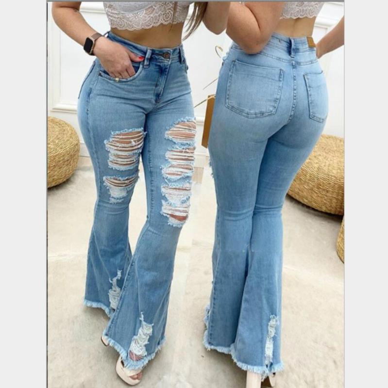 

2020 Autumn Long Flare Jeans Women Spain High Waist Denim Long Trousers For Female Streetwear Lady Bottoms Elegent America, Blue