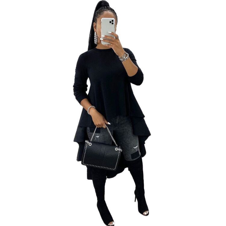 

X Cross-Border for Fashion Solid Color Stitching Put on a Large T-shirt Top 2020 Explosion Models in Europe And America Womens Clothing Sexy, Black