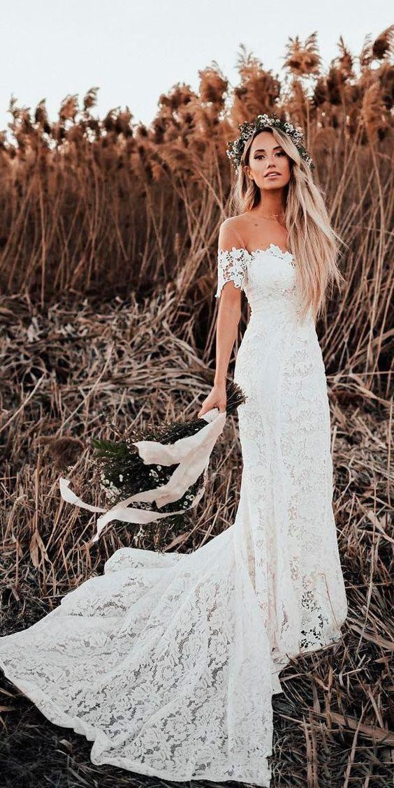 

2020 Lover Society Mermaid Wedding Dresses Modest Civil Vintage Crochet Lace Off Shoulder Country Farm Garden Boho Fishtail Bridal Dress WD2, Red