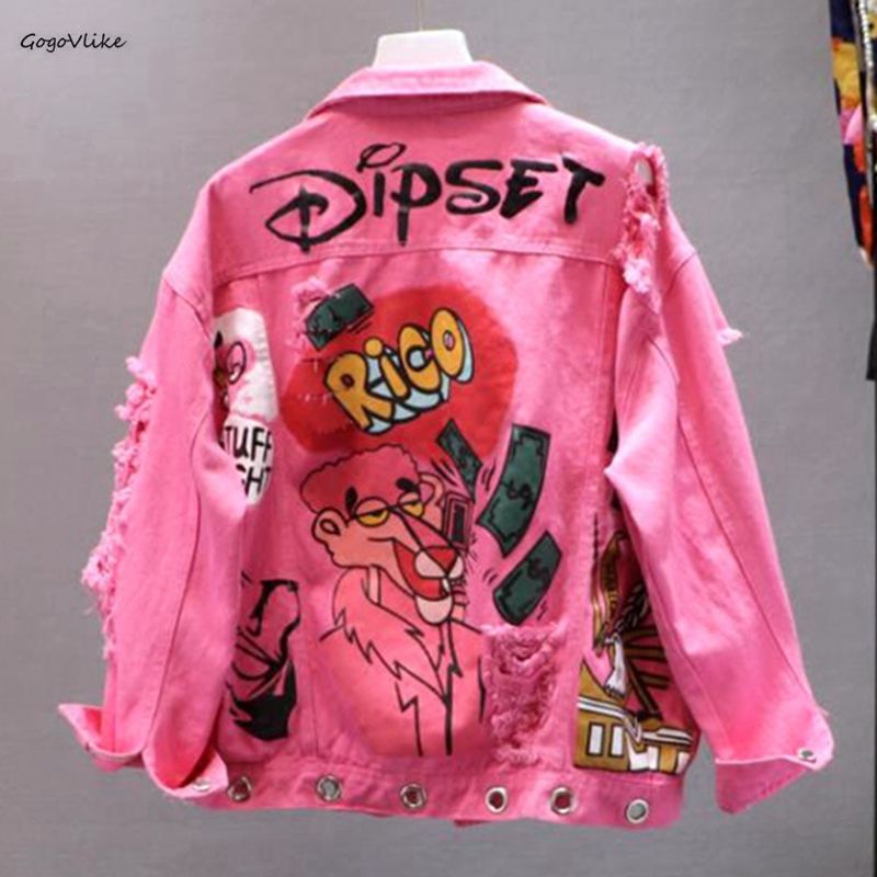 

Harajuku Pink/Yellow Denim Jacket Women Graffiti Ripped Holes Jeans Jackets New Students Basic Coats Outfit