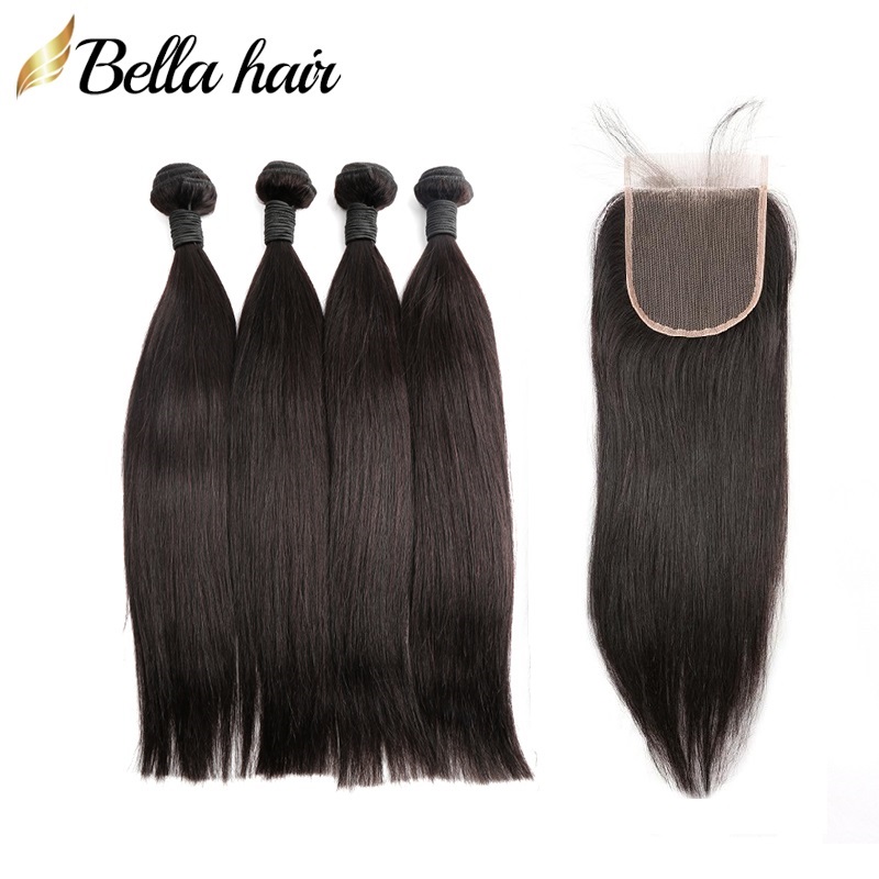 

Bellahair 100% Peruvian Human Virgin Hair Weave 4 Bundles with Closure Free Part Hair Extensions 4x4 Top Lace Closures and Weft Natural Color