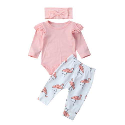 

2020 Autumn New Infant Toddler Newborn Baby Girls Romper Long Sleeve Tops Flamingo Pants Headband 3PCS Clothes Set Outfits 0-18M, Pink