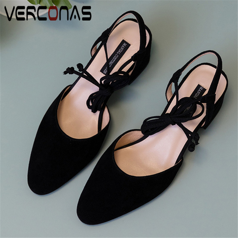 

VERCONAS 2020 Sweet Summer Woman Sandals Woman Pumps Kid Suede New Arrival Cross-Tied Pointed Toe Square High Heeled Shoes, Black