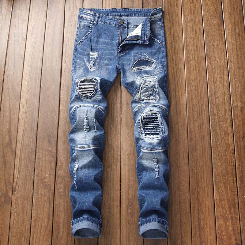 

Men Biker jeans denim Pants Patchwork Knee Holes Draped Sratched Panelled Washed Plus Size 40 42, T-w0926