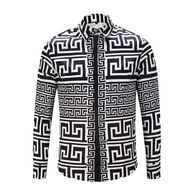 

Spring and autumn new European and American royal style fashion show trend 3D striped geometric men's long-sleeved shirt men, White;black