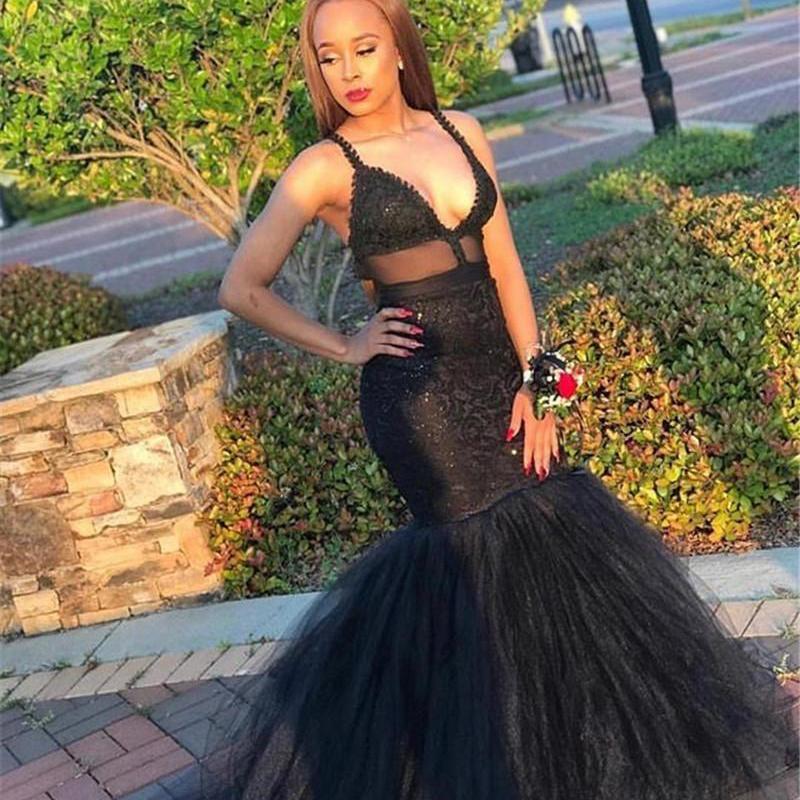 

Illusion Black Prom Dresses Deep V Neck Tulle And Lace Mermaid Evening Gowns Sequins Black Girls Party Dress Custom Size, Light sky blue