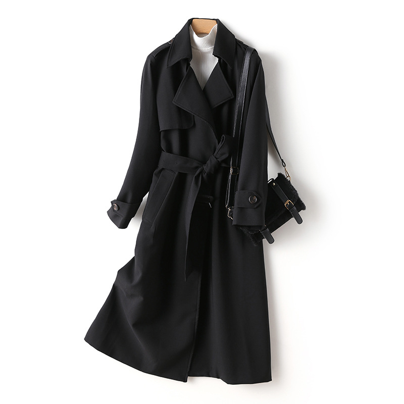 

Spring Fashion Mid-length Slim Over-the-Knee Cute Trench Coat for Women Thin Solid Turndown Collar Simple Designer Long Coat, Black