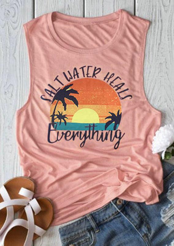 

Tank Top Women 2019 Summer Sleeveless Tees Salt Water Heals Everything Print Tank Women Tops Female Pink Tee Casual Top, As pic