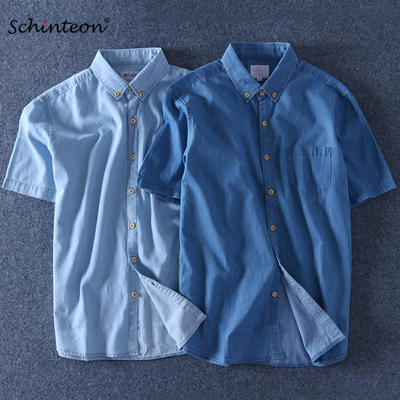 

Top Quality 2019 Summer Men Denim Shirt Short Sleeve Soft 100% Cotton One Pocket Slim Jeans Cowboy 4XL Fast Shipping, Blue