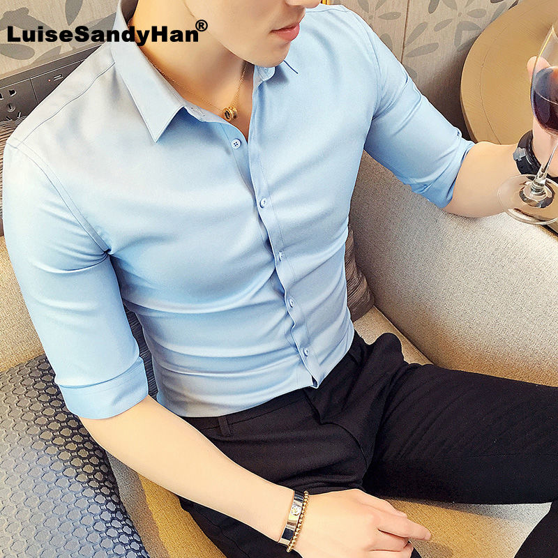 

3/4 Sleeve Solid Color Simple Shirt Men's Thin Business Casual Lapel Fashion Single-breasted Blouse Men Spring Summer 2020, 3-4 sleeve blue