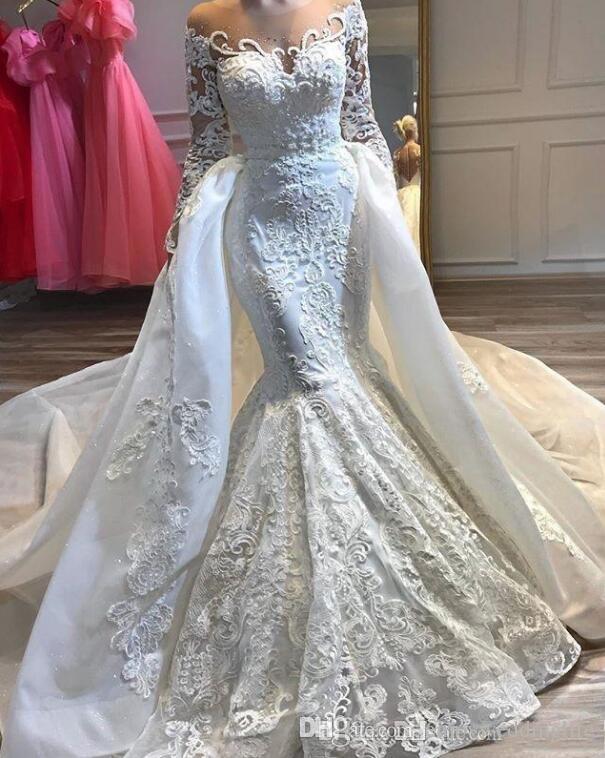 

Stunning Sheer Neck Lace Mermaid Wedding Dresses with Detachable Train Lace Applique Long Sleeves Wedding Dress Bridal Gown vestidos, Champagne