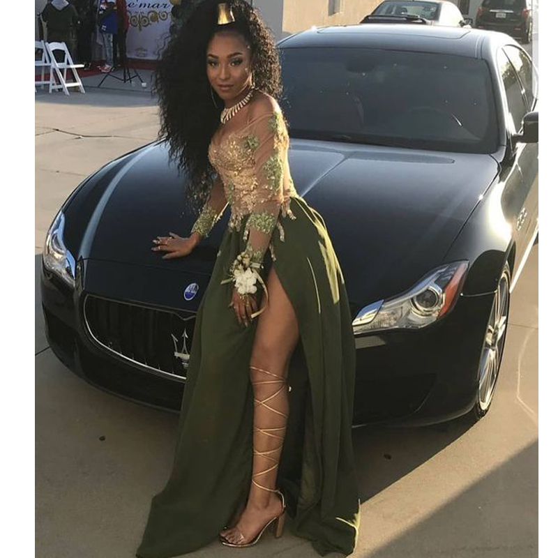 

African Black Girl Cheap Long Prom Gown with Appliques Long Sleeve Custom Evening Gowns Side Split Robe de soirée Girls Formal Gowns, Dark navy