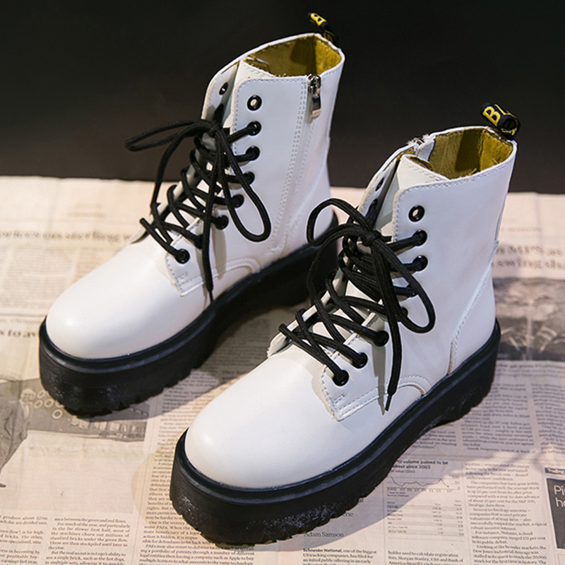 

Platform Cowboy Shoes Leather Ankle For Women Boot Winter Punk Thick Bottom Motorcycle Boots genuine Mujer fur Y200114, White