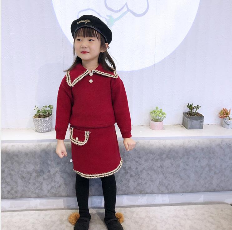 

Toddler Girl Clothes Sets Cotton Wool Sweater And Knitting Skirts 2 Pcs Sets Christmas Outfit Belle Kids Clothing Suits, Red