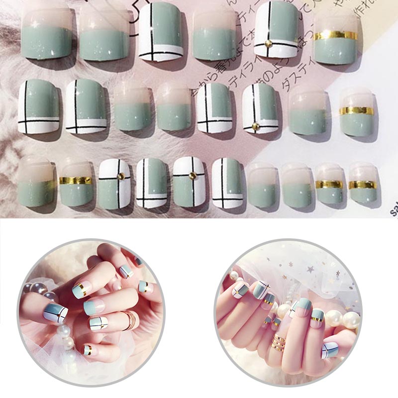 

New arrival Professional 24pcs Women Fake Nails Simple Strip Pattern DIY Manicure False Nails Decals, As picture