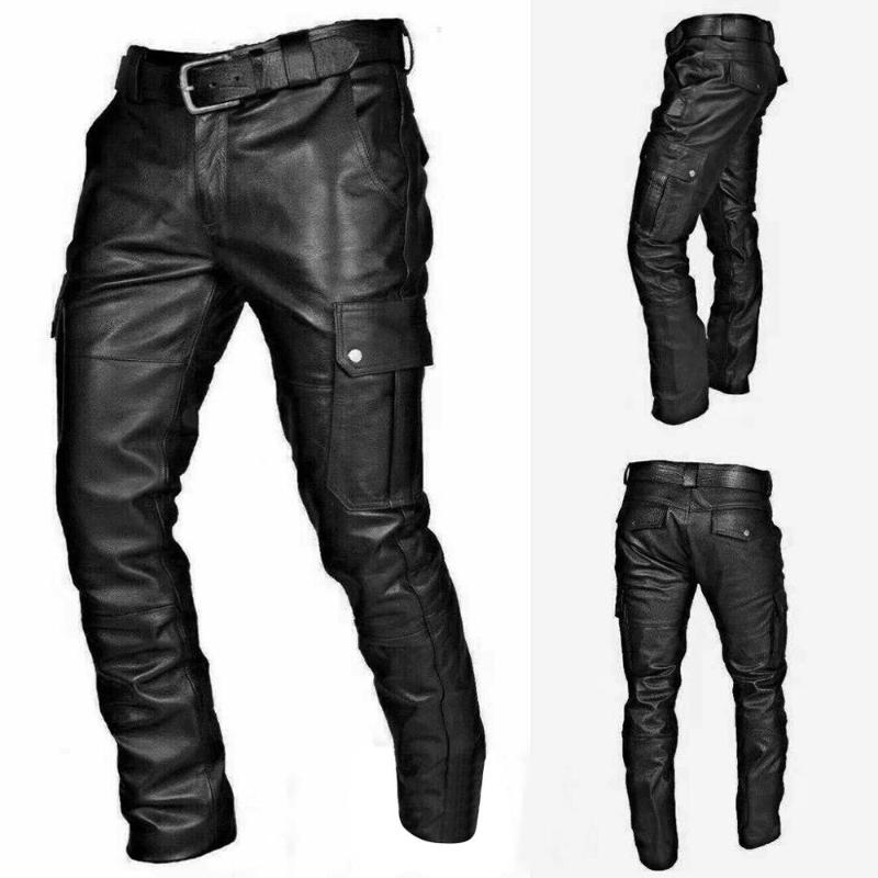Man Retro Leather Motorcycle Street Pants Men's Autumn Winter Punk Retro Goth Slim Casual Long Pants Trousers Pantalon Homme