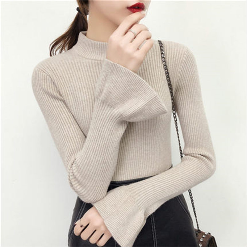 

2019 New Autumn Winter Women' Pullover Sweater Female Horn Sleeve Slim Hlaf Turtleneck Sweater Blouse Shirt Girls Tops A965, Beige