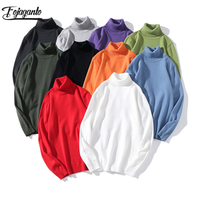 

FOJAGANTO Autumn Winter New Men'S Sweater Men Turtleneck Solid Color Casual Sweater Male Slim Fit Brand Knitted Pullovers, Purple