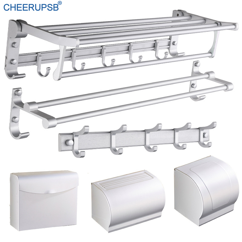 

Bathroom Silver Hardware Accessories Set Wall Mount Bath Towel Holder Toilet Paper Box Suit Space Aluminum Towel Hanger Rack Kit