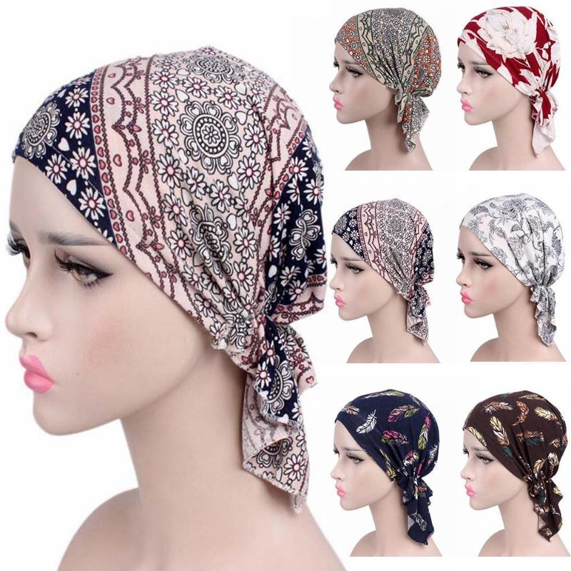 

Women Print Chemo Cap Women India Hat Muslim Ruffle Cancer Chemo Beanie Turban Wrap Cap Accessories