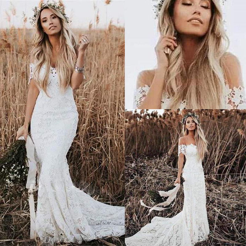

2020 Bohemian Mermaid Wedding Dresses Sweetheart Short Sleeve Lace Floor Long Elegant Country Boho beach Wedding Dresses Bridal Gowns, White
