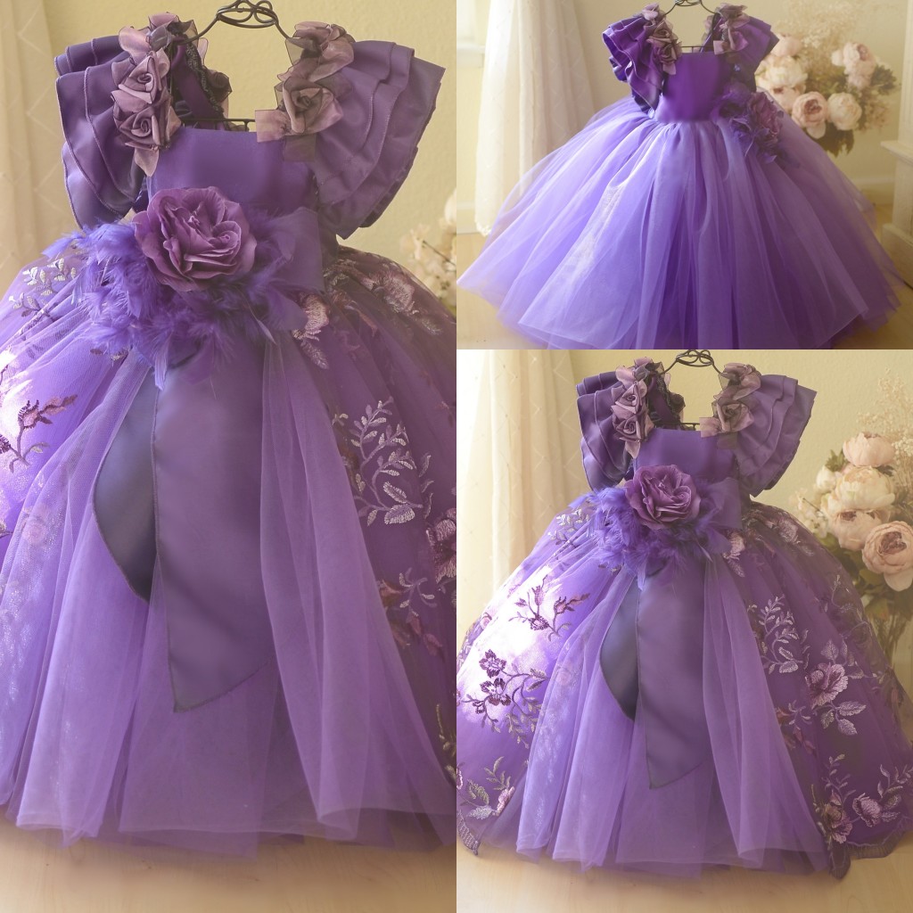 

Lovely Ball Gown Flower Girl Dress Square Short Sleeve Tulle Lace Hand Made Flower Feather Wedding Dress Ankle Length Girl's Birthday Part, Custom made from color chart