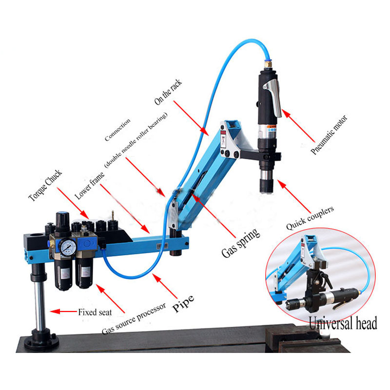 

Pneumatic Air Drill Tools M3-M16 Vertical Type Pneumatic Tapping Machine 250RPM 1000mm Metalworking Tapper Machine with Chucks