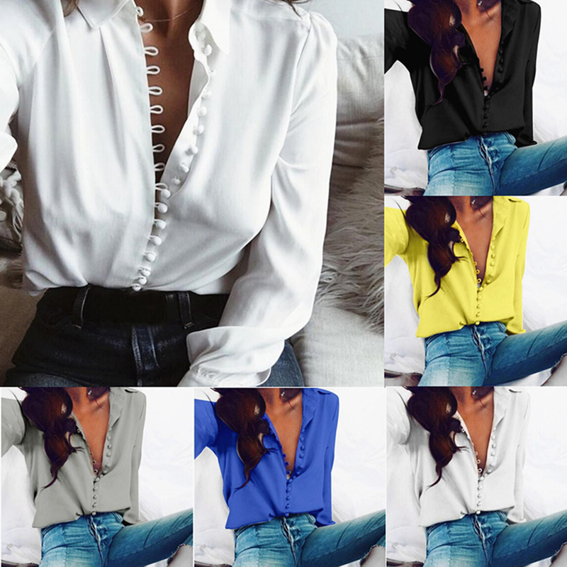 

Women Fashion Casual Solid Long Sleeve Blouse Lapel Shirt blouse shirt women Turn-down Collar Regular blusas Summer Shirts, Black