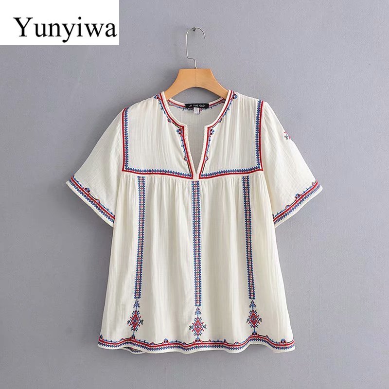 

2020 Women Vintage V Neck Short Sleeve Position Embroidery Casual Shirt Blouse Female Retro Femininas Blusas Chic Tops, As picture