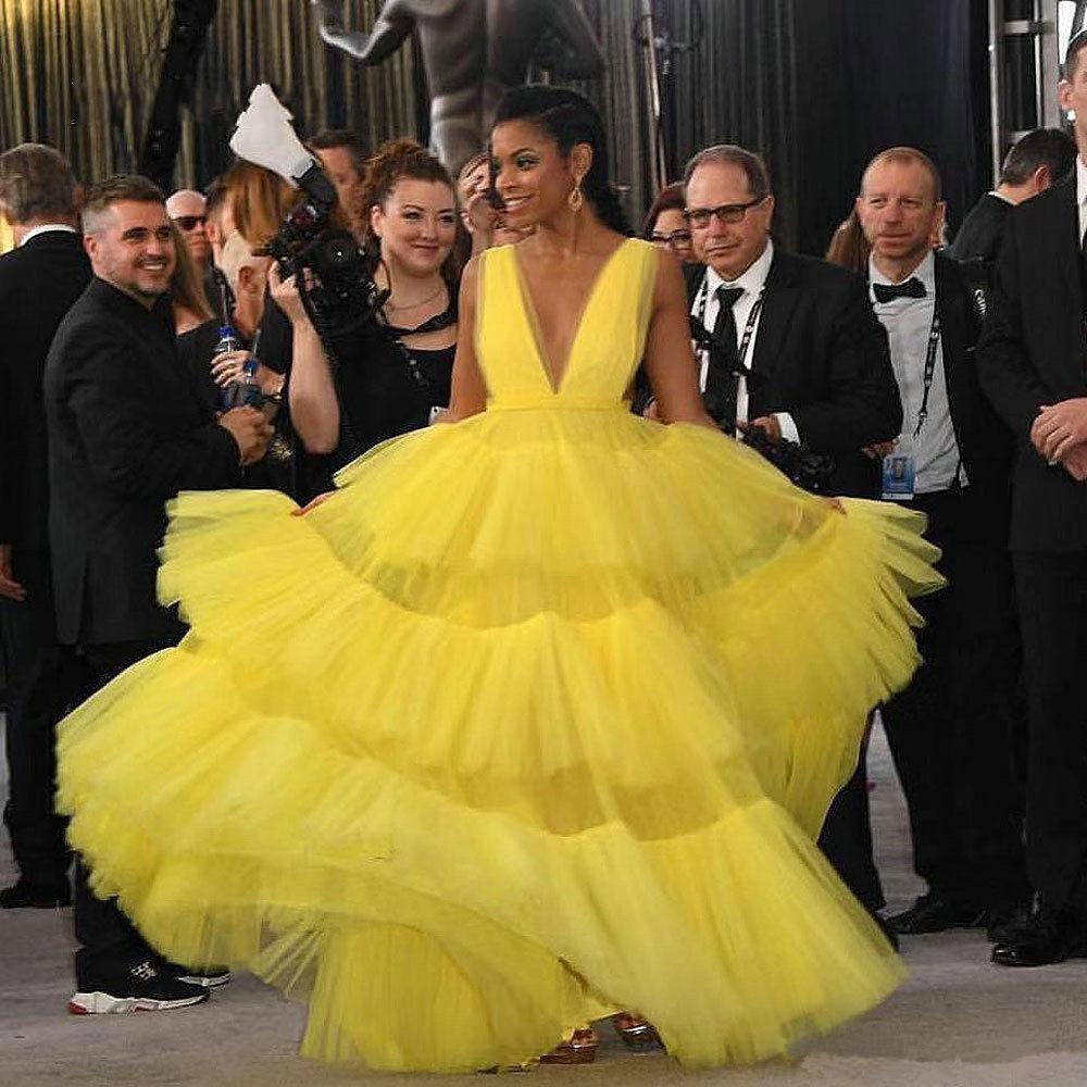 2020 Yellow A Line Prom Dresses Sexy Evening Wear Deep V Neck Tiered Skirt Formal Party Dress