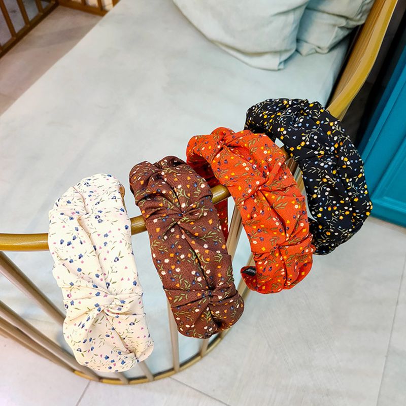 

Pastoral Style Vintage Hair Hoop Women Sweet Little Floral Print Bandana Wrinkled Ruffle Crumpled Wide-Brimmed Headwear, Black