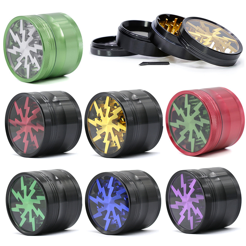 

63mm Diameter Tobacco Herb Crusher Grinder 4 Layers Aluminium Alloy Grinders Lighting Design With Clear Top Window 5 Colors
