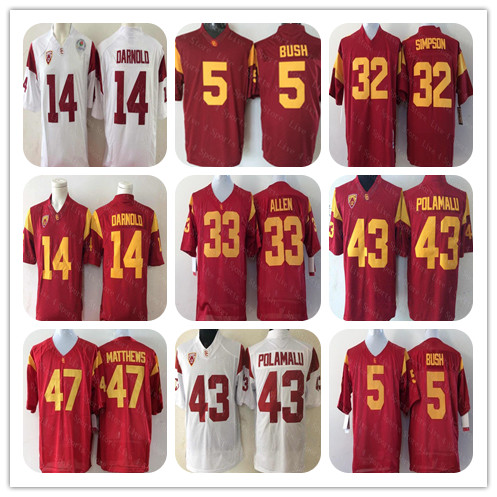 

Men Vintage College USC Trojans Jersey Football Woods Reggie Bush Matt Barkley O.J Simpson Marcus Allen Ronnie Lott Troy Polamalu Matthews, Red
