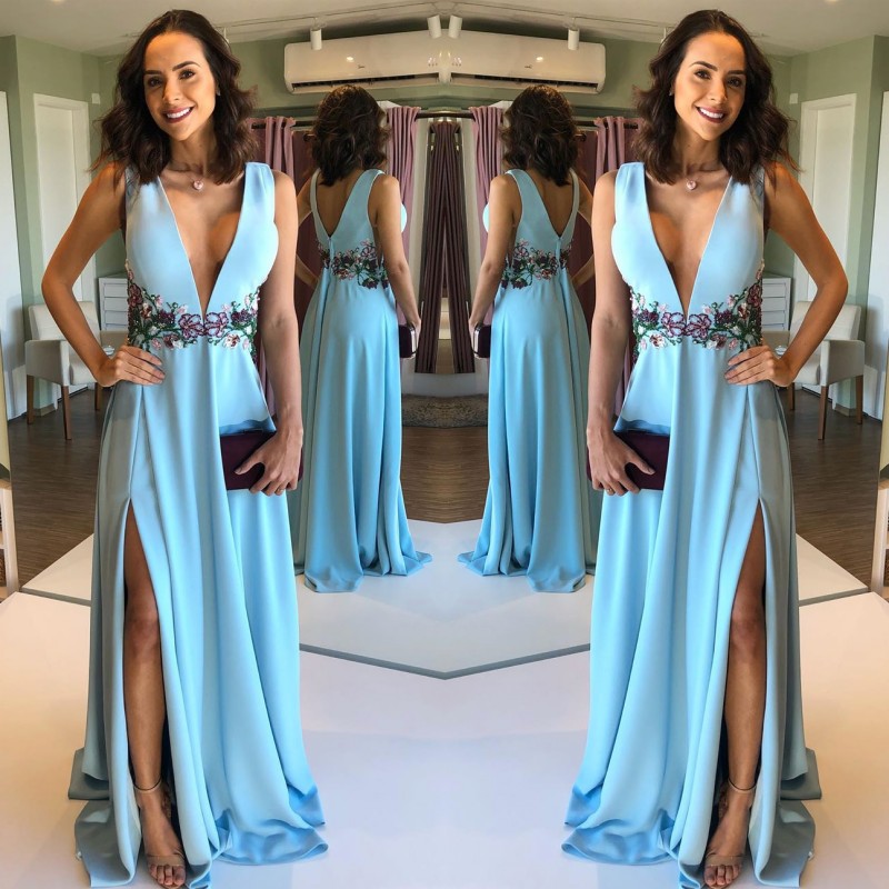 

Light Blue A Line Evening Dress Deep V Neck Open Back Beading High Slit Prom Dresses Long Party Gowns, Lavender