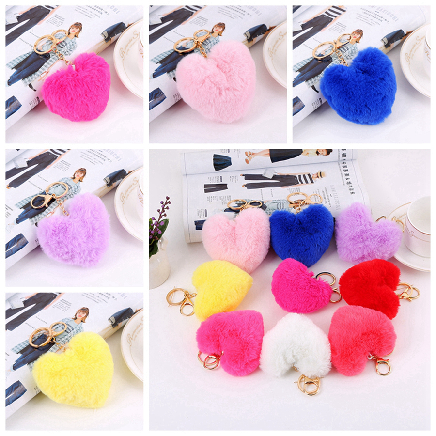 

Heart Ball Pom Pom Keychain Fluffy Faux Rabbit Fur Pompom Key Chains Women Bag pendant Jewelry Key Chains Party Gifts RRA2828-10, As pic