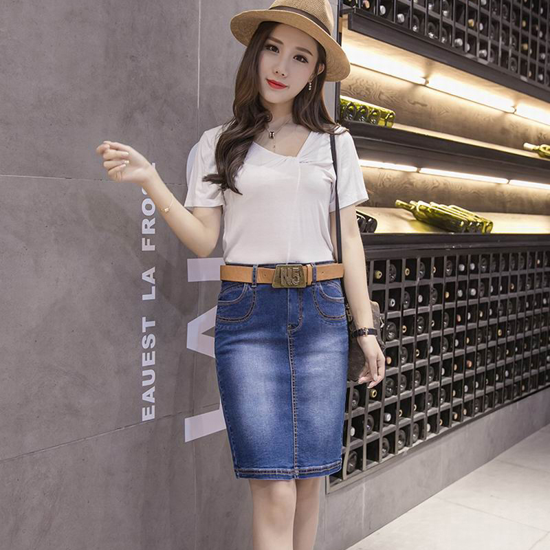 

2019 Summer Jeans Skirt Women High Waist Jupe Hip Package Denim Skirts Female Knee Length Saia Washed Faldas Casual Pencil Skirt, Blue