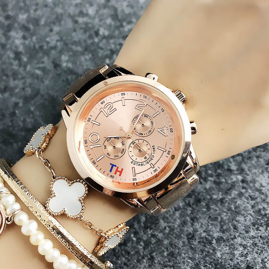 

Fashion Brand wrist watch for women's Men's 3 Dials style Steel metal band quartz watches TOM 08, Gold