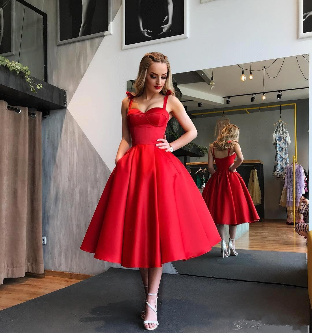 

Red Vintage Satin A Line Homecoming Dresses Spaghetti Straps Ruched Knee Length Bow Sash Short Prom Party Cocktail, Burgundy